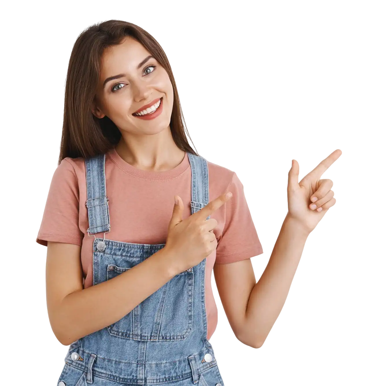 Smiling woman pointing to right